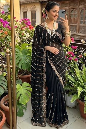 Black Color  embroidery And sequence work Satin Saree