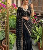 Black Color  embroidery And sequence work Satin Saree