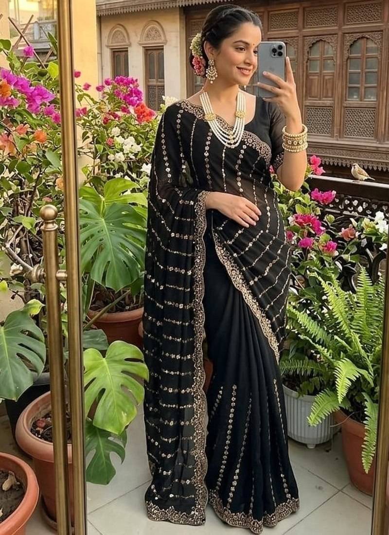 Black Color  embroidery And sequence work Satin Saree