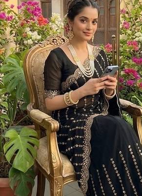 Black Color  embroidery And sequence work Satin Saree 2