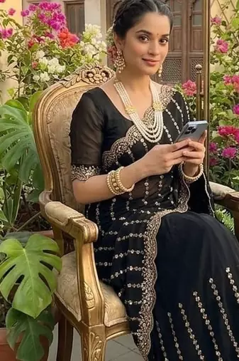 Black Color  embroidery And sequence work Satin Saree