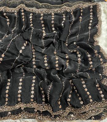 Black Color  embroidery And sequence work Satin Saree 3