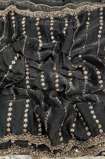 Black Color  embroidery And sequence work Satin Saree