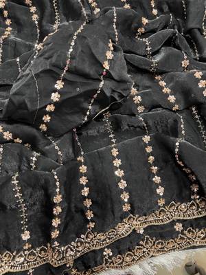 Black Color  embroidery And sequence work Satin Saree 4