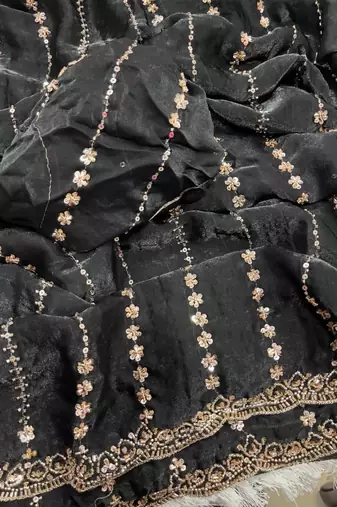 Black Color  embroidery And sequence work Satin Saree