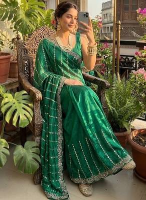 Emerald Color  embroidery And sequence work Satin Saree 1