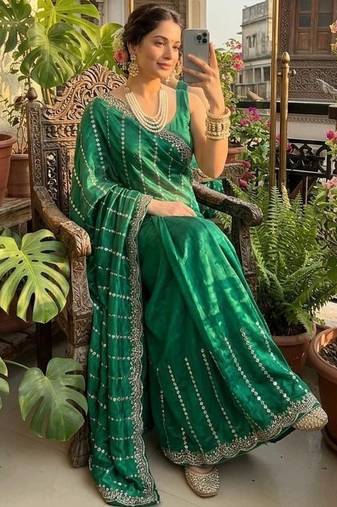 Emerald Color  embroidery And sequence work Satin Saree