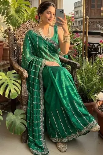 Emerald Color  embroidery And sequence work Satin Saree