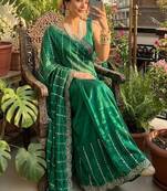 Emerald Color  embroidery And sequence work Satin Saree