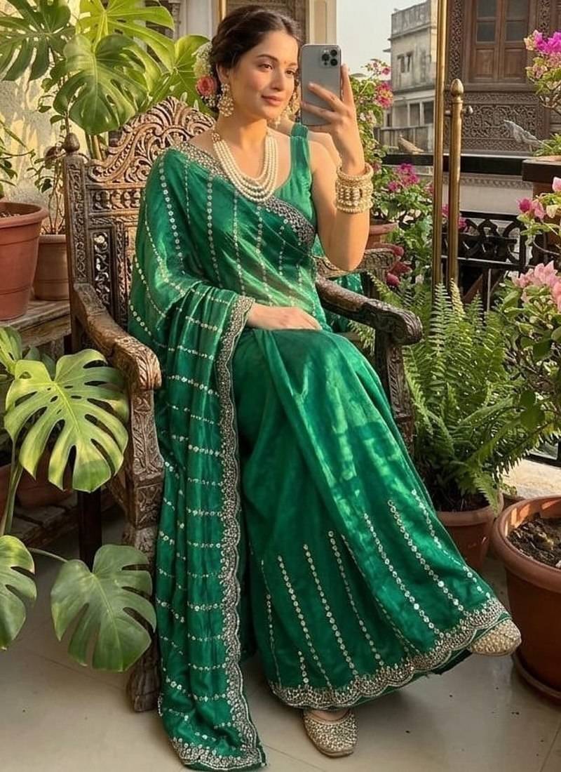 Emerald Color  embroidery And sequence work Satin Saree