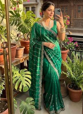Emerald Color  embroidery And sequence work Satin Saree 2