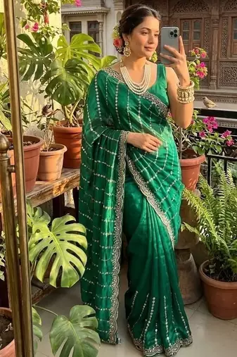 Emerald Color  embroidery And sequence work Satin Saree