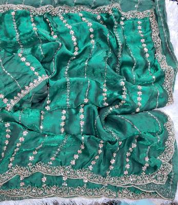 Emerald Color  embroidery And sequence work Satin Saree 3
