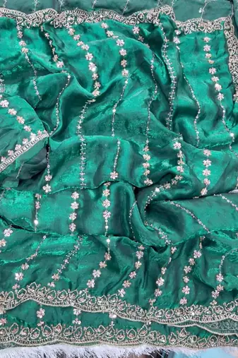 Emerald Color  embroidery And sequence work Satin Saree