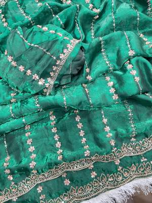 Emerald Color  embroidery And sequence work Satin Saree 4