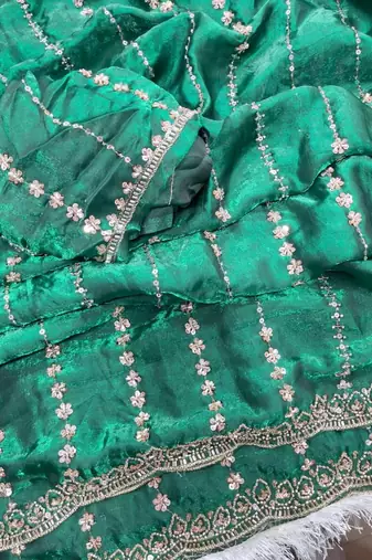 Emerald Color  embroidery And sequence work Satin Saree