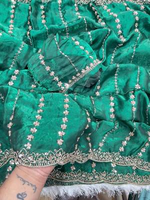 Emerald Color  embroidery And sequence work Satin Saree 5