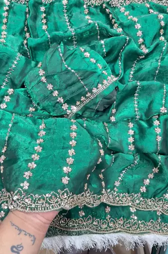 Emerald Color  embroidery And sequence work Satin Saree