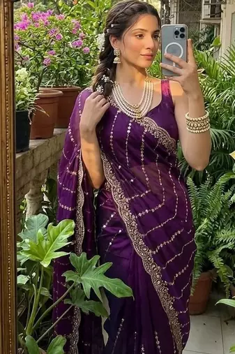 Magenta Color  embroidery And sequence work Satin Saree