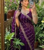 Magenta Color  embroidery And sequence work Satin Saree