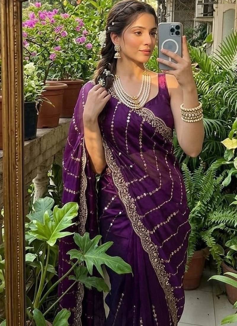 Magenta Color  embroidery And sequence work Satin Saree