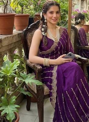 Magenta Color  embroidery And sequence work Satin Saree 2