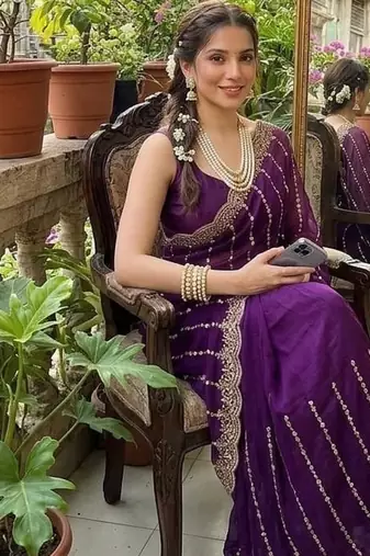 Magenta Color  embroidery And sequence work Satin Saree
