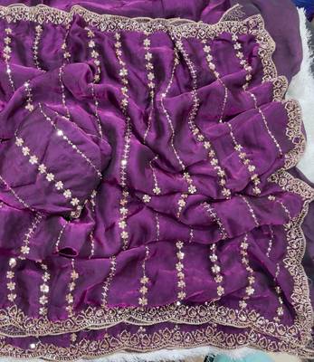 Magenta Color  embroidery And sequence work Satin Saree 3