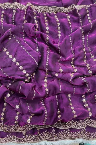 Magenta Color  embroidery And sequence work Satin Saree