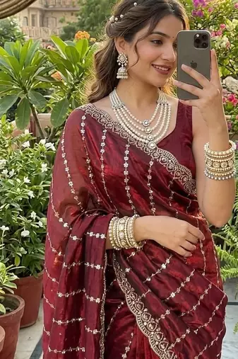 Maroon Color  embroidery And sequence work Satin Saree