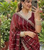 Maroon Color  embroidery And sequence work Satin Saree