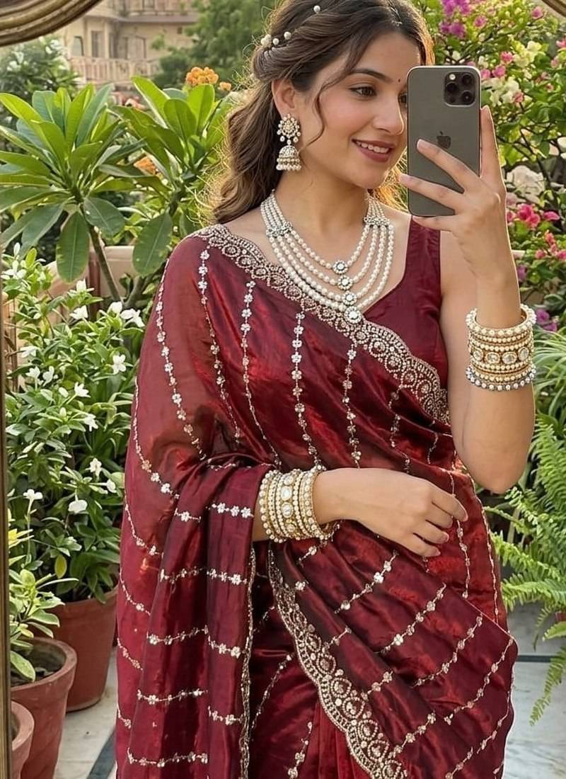 Maroon Color  embroidery And sequence work Satin Saree