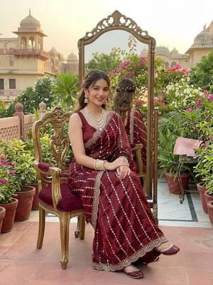 Maroon Color  embroidery And sequence work Satin Saree 2