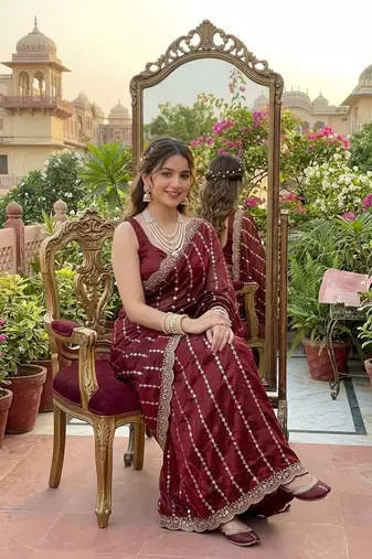 Maroon Color  embroidery And sequence work Satin Saree