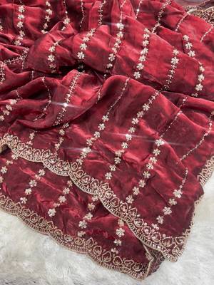 Maroon Color  embroidery And sequence work Satin Saree 3