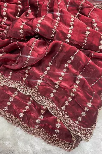 Maroon Color  embroidery And sequence work Satin Saree