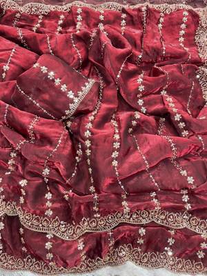 Maroon Color  embroidery And sequence work Satin Saree 4