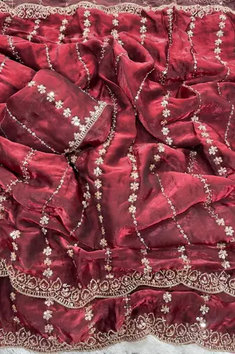 Maroon Color  embroidery And sequence work Satin Saree