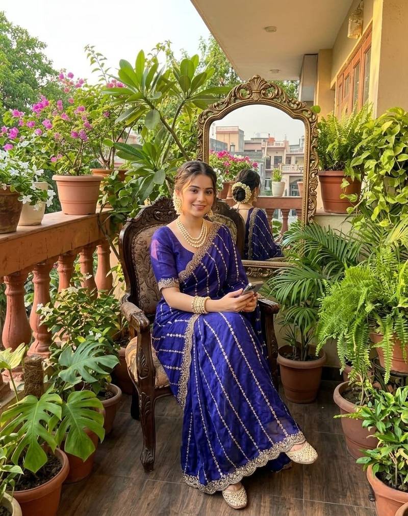 Purple Color  embroidery And sequence work Satin Saree