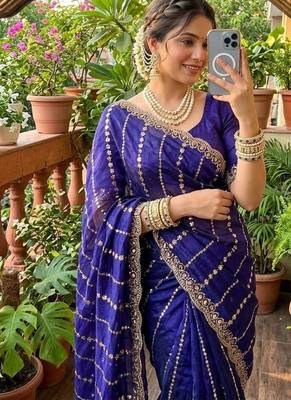 Purple Color  embroidery And sequence work Satin Saree 2