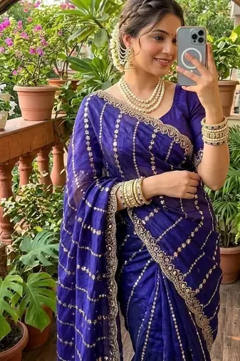Purple Color  embroidery And sequence work Satin Saree