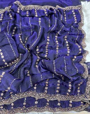 Purple Color  embroidery And sequence work Satin Saree 3