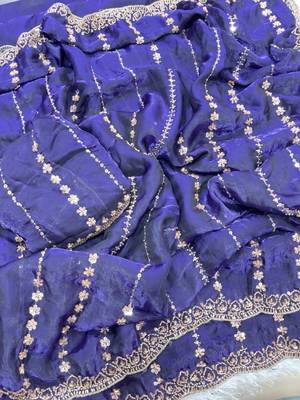 Purple Color  embroidery And sequence work Satin Saree 5