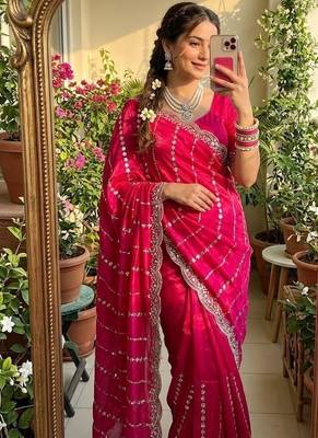 Rani pink Color  embroidery And sequence work Satin Saree 1