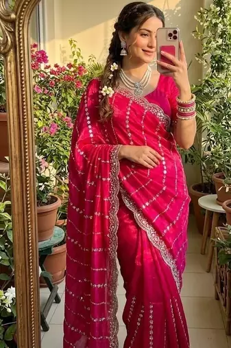 Rani pink Color  embroidery And sequence work Satin Saree