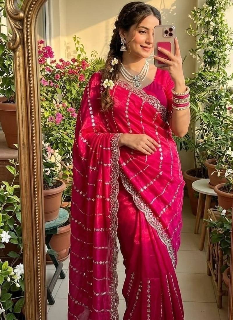 Rani pink Color  embroidery And sequence work Satin Saree
