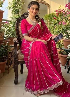 Rani pink Color  embroidery And sequence work Satin Saree 2