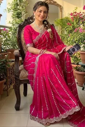 Rani pink Color  embroidery And sequence work Satin Saree