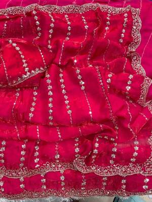 Rani pink Color  embroidery And sequence work Satin Saree 3