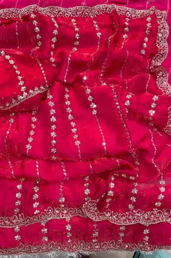 Rani pink Color  embroidery And sequence work Satin Saree